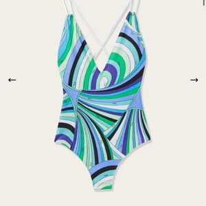 Emilio Pucci Blue and Green Swirl One Piece Swimsuit